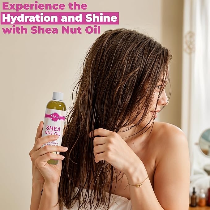 Organic Cold Pressed Shea Nut Oil for Body & Hair (8oz), Moisturizing Body Oil, Non Greasy After Shower Body Oil for Women, Enriched Oil for Dry Skin & Scalp, Body Skin Care Products