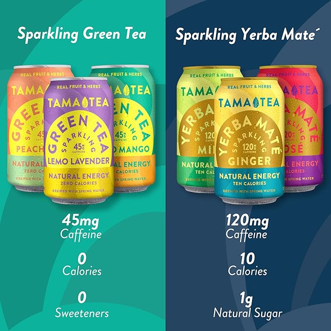 Sparkling Peach Pear Green Tea by Tama Tea - Made with Real Fruit & Herbs - Zero Sugar, Zero Calories, Non-GMO - Naturally Energizing Green Tea High in Antioxidants & Nootropics - 12 oz Pack of 12