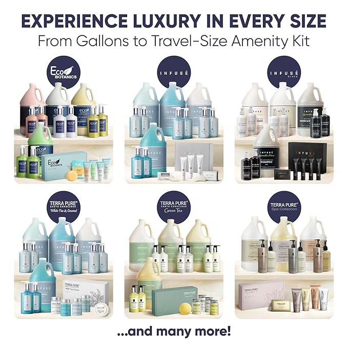 Infuse Black | Amenity & Accessory Kit | 1 oz Travel Size Shampoo, Conditioner, Lotion, Body Wash, Body Bar, 2 Cleansing Bar, Shave & Dental Sets, Make-Up Remover Wipes & Vanity Kit | 15 sets per case