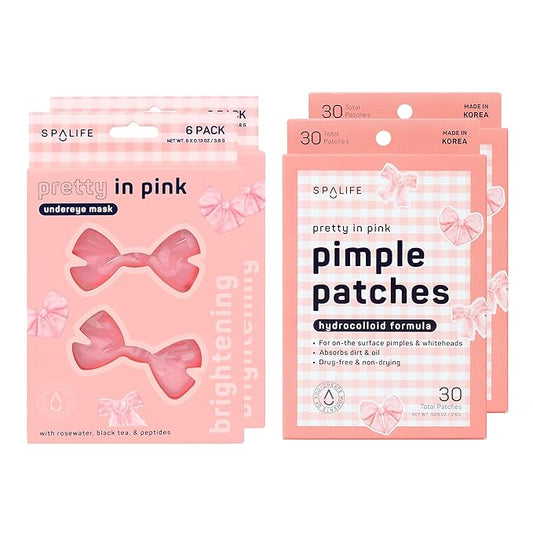 SpaLife PRETTY IN PINK UNDEREYE MASK & PIMPLE PATCH DUO – Hydrogel Undereye Patches for Dark Circles, Puffy Eyes – Hydrocolloid Pimple Patches – Mother's Day Gifts for Her - 42 Total Patches