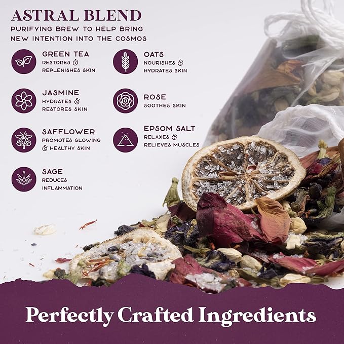 Astral Blend Bath Tea by Purple Canyon | 3 Purifying Bath Soaks with Sage, Rose, Lemongrass, and Rosemary | Stress Relief Gifts for Women