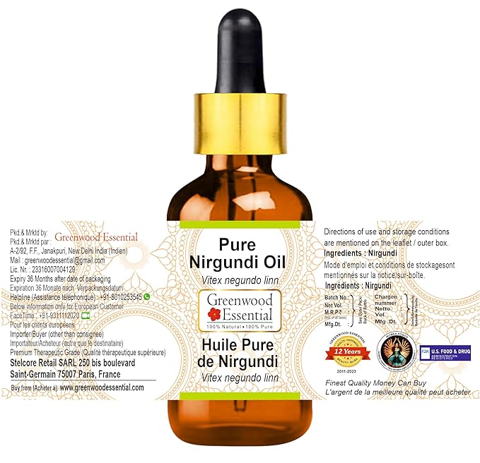 Pure Nirgundi Oil (Vitex negundo linn) 100% with Glass Dropper Premium Therapeutic Grade for Hair, Skin & Aromatherapy 10ml(0.33 oz)