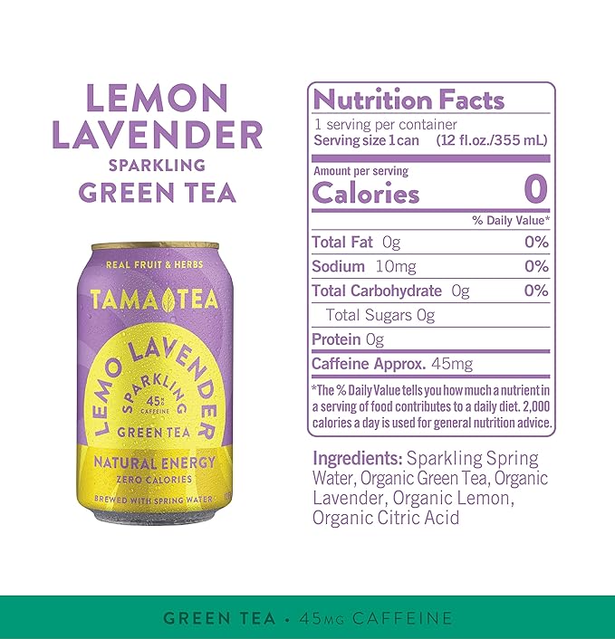 Sparkling Lemo Lavender Green Tea by Tama Tea - Made with Real Fruit & Herbs - Zero Sugar, Zero Calories, Non-GMO - Naturally Energizing Green Tea High in Antioxidants & Nootropics - 12 oz Pack of 12