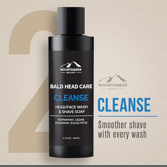 Mountaineer Brand Ultimate Bald Head Care Gifts Bundle For Men | All Natural 5 Step Skin Care for Healthy Scalp & Face | Exfoliate Scrub | Cleanse Wash | Shine Away | Moisturizing Balm | Detox