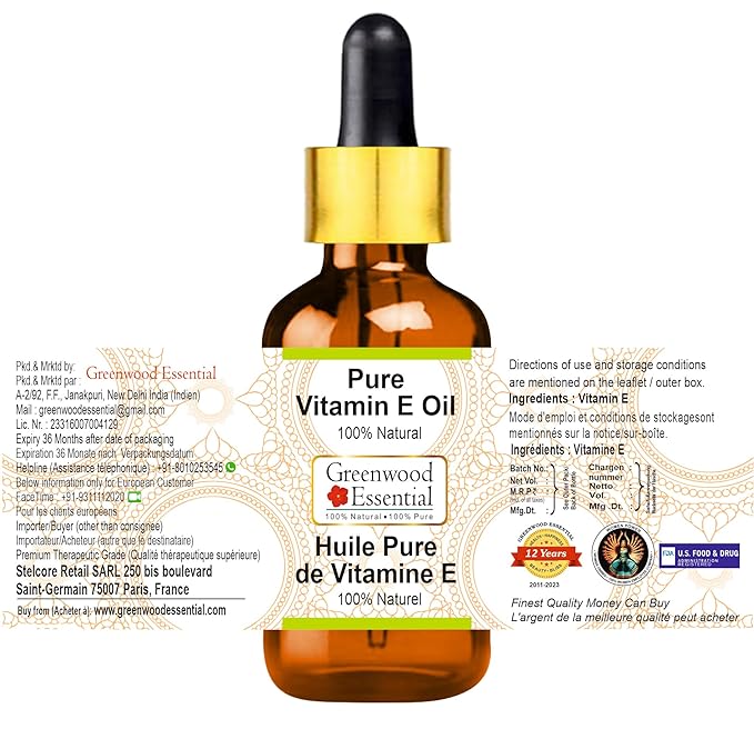 Pure Vitamin E Oil with Glass Dropper Premium Therapeutic Grade for Hair, Skin & Aromatherapy 100ml (3.38 oz)