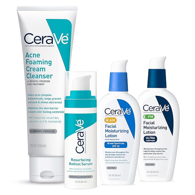 CeraVe Acne Skin Care Set, 5oz Acne Foaming Cream Cleanser + 1oz Resurfacing Retinol Serum + 2oz AM Facial Moisturizing Lotion with SPF 30 + 2oz PM Facial Moisturizing Lotion