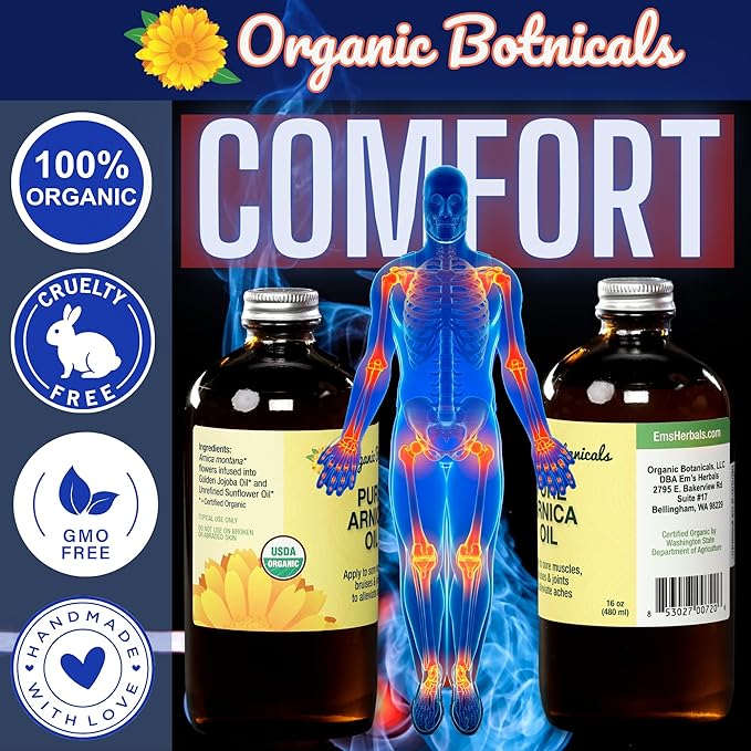 Arnica Oil - Pure Organic Muscle Discomfort Bottle - Organic Arnica Oil for Bruising and Swelling, Arnica Montana Oil for Muscle and Joint Discomfort, Arnica Massage Oil (16 oz)