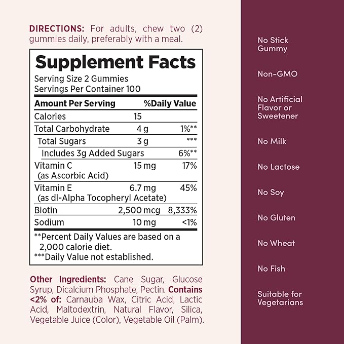 Nature's Bounty Optimal Solutions Hair, Skin and Nails Pectin Gummies, 2500 mcg Biotin Per Serving, No Stick Gummy, Vegetarian Formula, Strawberry Flavor, 200 count, 100 Total Servings