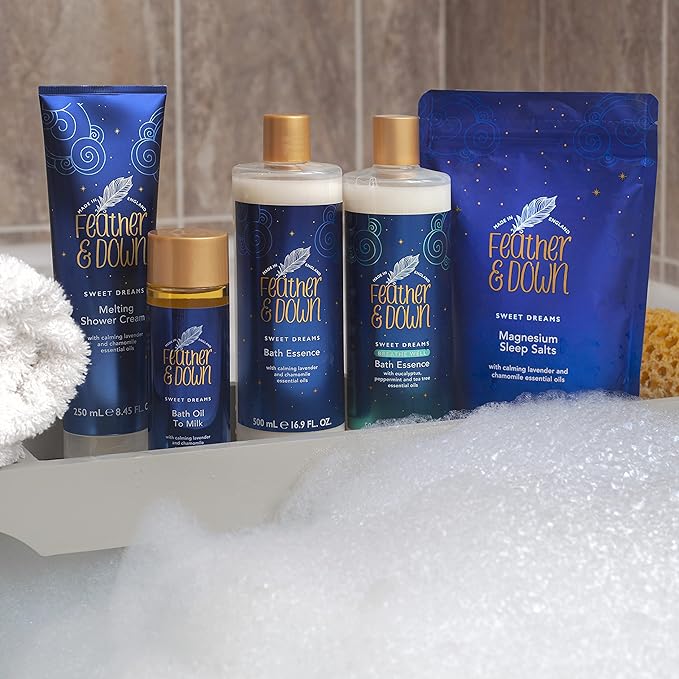 Feather & Down Sweet Dream Sleep Essentials Gift Set: 50ml Pillow Spray, 50ml Melting Shower Cream, 16g All-Purpose Sleep Balm & 50ml Sleep Butter, Vegan & Cruelty Free