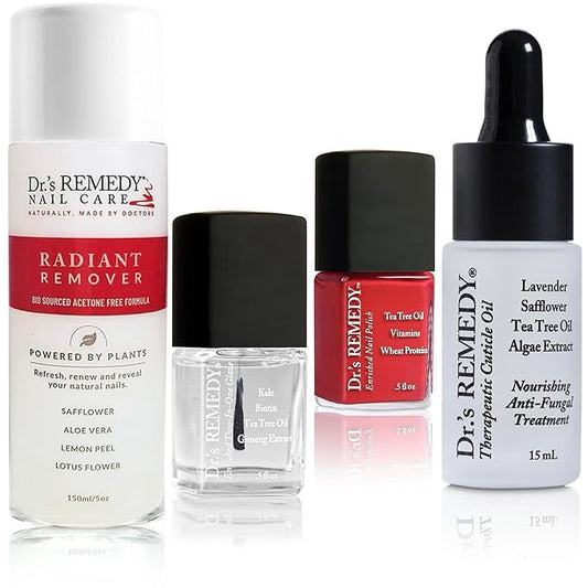 Dr.'s Remedy 4 Pack Nail Polish Treatment Kit, Start To Finish Kit With Total Two-in-One, RADIANT Remover, Therapeutic Cuticle Oil and CLARITY Coral