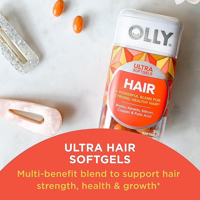 OLLY Ultra Strength Hair Softgels, Supports Hair Health, Biotin, Keratin & Undeniable Beauty Gummy, for Hair, Skin, Nails, Biotin, Vitamin C