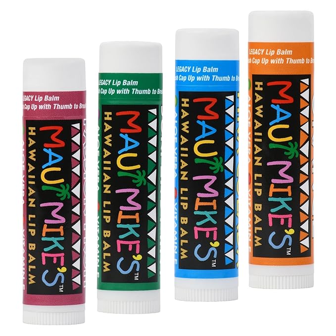 MAUI MIKE'S BEST LIP BALM Assorted (4 pack) Pina Colada,Passion Fruit,Surfer's Mint,Orange. Vitamin E,Aloe Vera,Beeswax. Best Tasting Lip Balm. Non Waxy. Glides on Smooth Like the Perfect Wave.