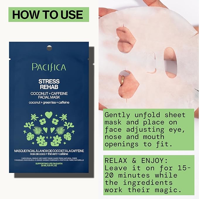 Pacifica Sheet Mask - Stress Rehab Coconut & Caffeine Facial Mask - 12-PACK De-Stress Sheet Mask for Redness & Puffiness Relief, Infused w/Green Tea, Turmeric & Hyaluronic Acid Cruelty-Free Skincare