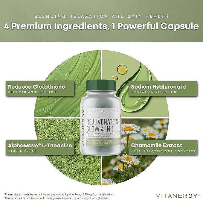 Beauty Sleep & Skin Glow Supplement – 4-in-1 Nighttime Support with L-Glutathione, Hyaluronic Acid, L-Theanine & Chamomile – Vegan, Made in USA, 56 Capsules