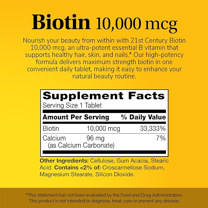 21st Century Biotin Tablets, 10,000 mcg, Unflavored 120 Count