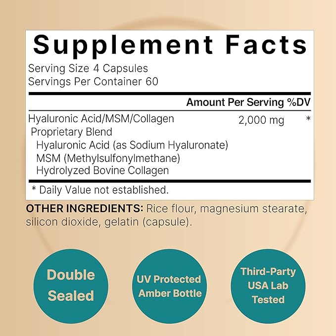 NatureBell Hyaluronic Acid Supplements 2,000 mg | 240 Capsules, with MSM & Hydrolyzed Bovine Collagen – 3 in 1 Support for Skin Hydration, Joint Lubrication, Hair, and Eye Health