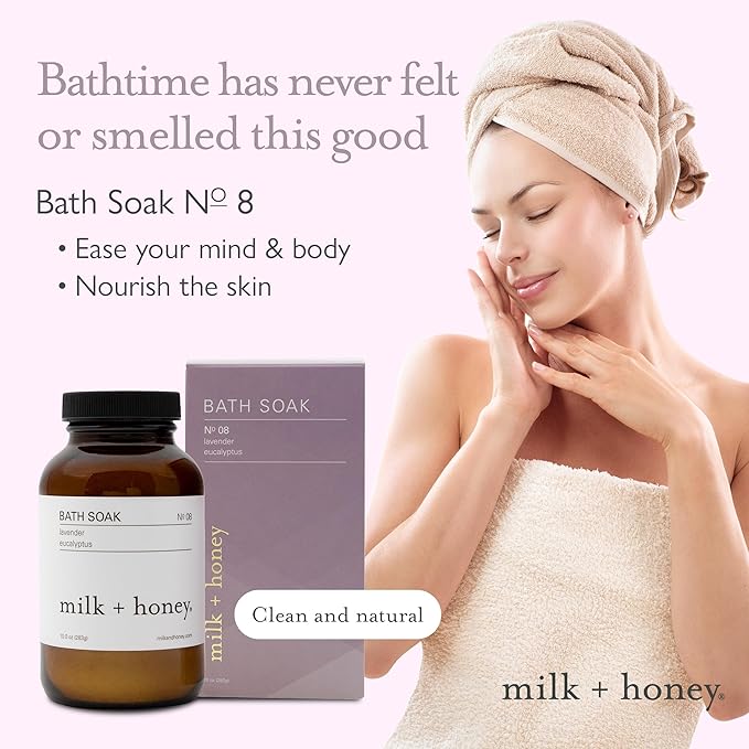 milk + honey Calming Bath Soak No. 8, Moisturizing Epsom Salt Bath Soak with Lavender and Eucalyptus Oils, Soothing and Relaxing, 10 oz