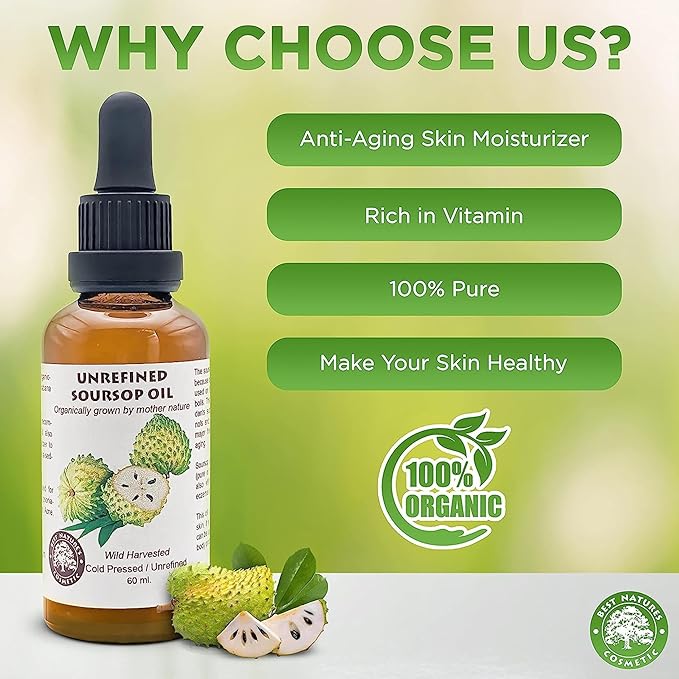 Virgin Soursop Oil (Anona Muricata / Graviola / Guanabana) – 100% Pure, Organic, Cold-Pressed, Unrefined – 2oz / 60ml – Natural Facial Oil & Moisturizer for Dry, Damaged, or Sensitive Skin
