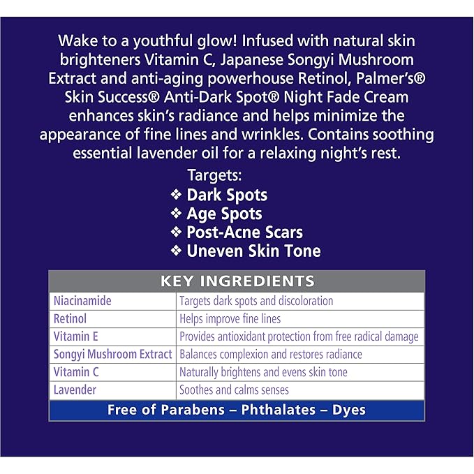 Palmer's Skin Success Anti-Dark Spot Nighttime Fade Cream with Retinol & Niacinamide, Dark Spot Corrector for Face, Night Moisturizer Helps Reduce Dark Spots, Fine Lines & Wrinkles, 2.7 Ounce
