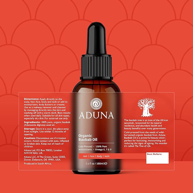 Aduna Wild Harvested Baobab Oil - 100% Organic - 3.4fl oz Pure Baobab Oil - Unrefined Cold-Pressed Body, Hair & Face Oil - Moisturizing & Anti-Ageing