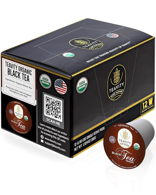 Teavity Organic Black Tea Pods - 12 Unsweetened Tea Pods for Keurig Kcup Brewers - Naturally Caffeinated, Hand-Picked from Sri Lanka, Sturdy Packaging, American Owned
