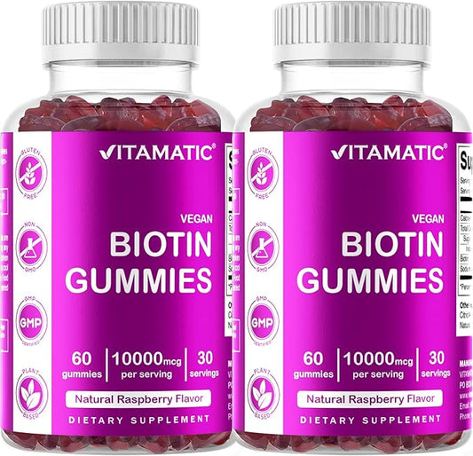 Vitamatic Biotin Gummies 10,000 mcg for Stronger Hair, Skin & Nails - 60 Vegan Gummies - Also Called Vitamin B7 (2 Bottles)