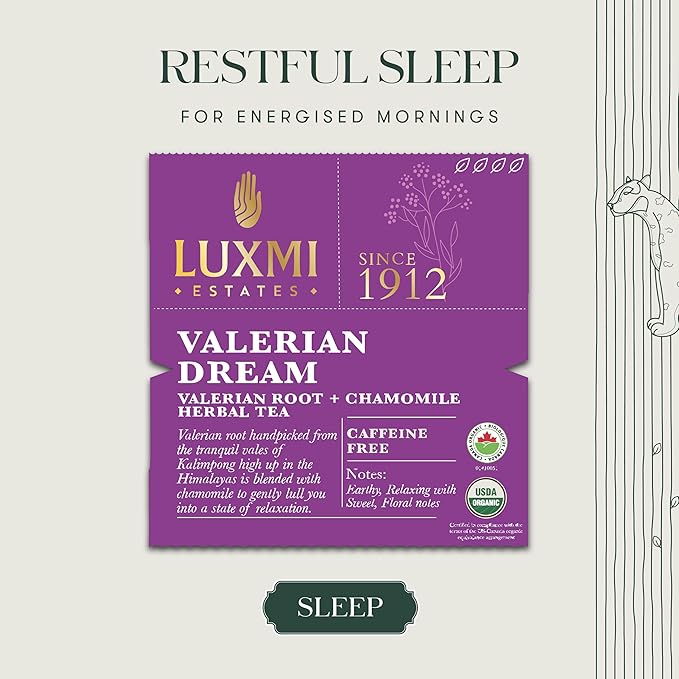 Luxmi Estates - Valerian Dream - Organic Valerian Root Tea for Sleep - 25 Tea Bags | with Valerian Root, Chamomile & Lavender | Perfect Wellness Sleep Tea