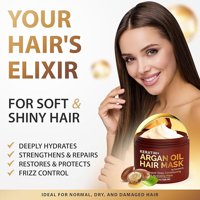 SUNATORIA Hair Mask with Keratin & Argan Oil - Conditioner for Dry, Damaged, Frizzy Hair & Split Ends - Hair Treatment Serum for Hair Repair & Hydrating - 8.5 Fl Oz