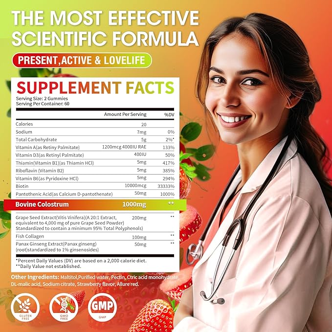 2 Pack Colostrum Supplement Gummies for Women & Men, with Biotin 10000mcg, Collagen, Grape Seed, Vitamin A, D3, B1 for Hair Skin Nails,Immue Support, Sugar-Free, 60 Day Supply