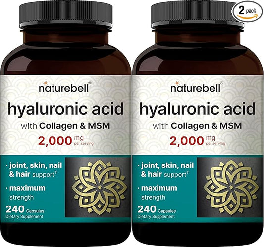 NatureBell 2 Pack Hyaluronic Acid Supplements 2,000 mg | 480 Total Capsules, with MSM & Hydrolyzed Bovine Collagen – 3 in 1 Support for Skin Hydration, Joint Lubrication, Hair, and Eye Health