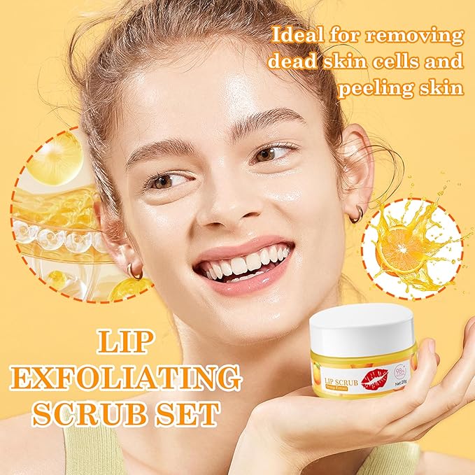 2 Pack Strawberry Orange Lip Scrub Set,Long Lasting Moisturizing Lip Scrubber Exfoliator, Cleansing Hydrating Lip Exfoliator Scrub and Moisturizer Kit for Chapped Dry Lips