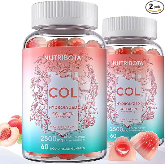 2 Pack Sugar Free Hydrolyzed Collagen Filled Gummies for Women, with 2500mg Collagen Peptide Type I,II,III,V,X, Biotin,Vitamins,Hyaluronic Acid for Skin Hair Nails, 120 Gummies