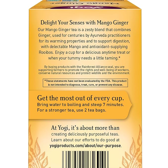 Yogi Tea Mango Ginger Tea - 16 Tea Bags per Pack (4 Packs) - Organic Ginger Root Tea to Support Healthy Digestion - Contains Antioxidants - Includes Cinnamon Bark, Rooibos Leaf, Mango Flavor & More