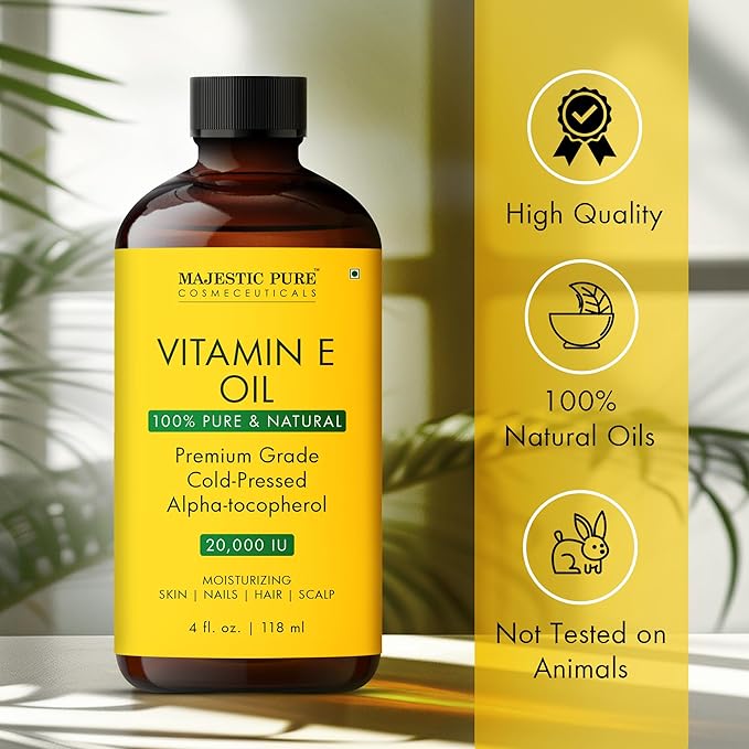 Majestic Pure Vitamin E Oil - 100% Pure & Natural, 20,000 IU | Premium Grade, Cold-Pressed and Tocopherol to Repair Dry, Damaged Skin| Moisturizing Skin, Hair and Scalp 4 Fl Oz