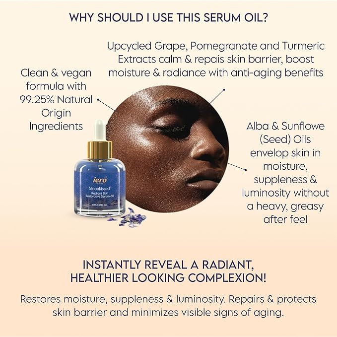 ieró Beauty Moonkissed Radiant Skincare Restorative Serum Oil | Face Moisturizer | Hydrating Face Oil Treatment | Anti Aging | Restore Suppleness | All Skin Types | 1 FL OZ/30ML | Made in Italy