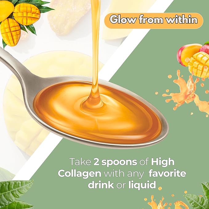 Liquid Collagen Peptides for Women & Men-Mango Flavored 10000 mcg Biotin+8000 mg Hydrolyzed,Sugar Free Premium Juice for Anti-Aging,Skin,Hair,Nails & Joints -16 Fl oz-Made in USA