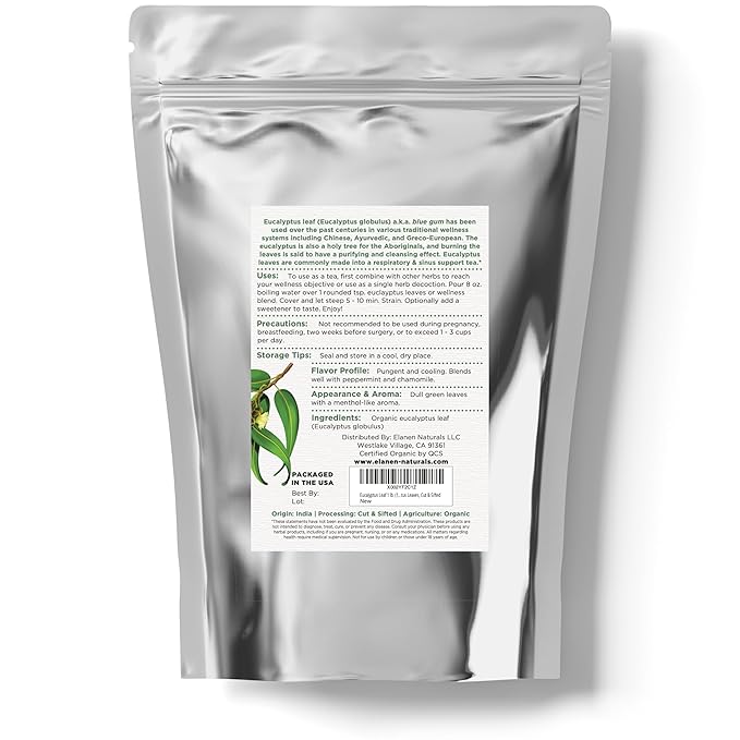 Elanen Naturals Organic Eucalyptus Leaf Tea 1 lb. (16 oz.), USDA Organic Eucalyptus Tea, Eucalipto Hojas Naturales, Eucalipto Leaves, Te De Eucalipto, Eaucalyptus, Calyptus, Cut & Sifted