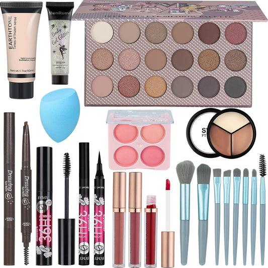 All in One Makeup Kit Makeup Set for Girls Includes18-Color Eyeshadow Palette Lip Gloss Brow Pencil Blush Concealer Foundation Mascara & Eyeliner with Travel-Friendly Tools for Everyday Glam