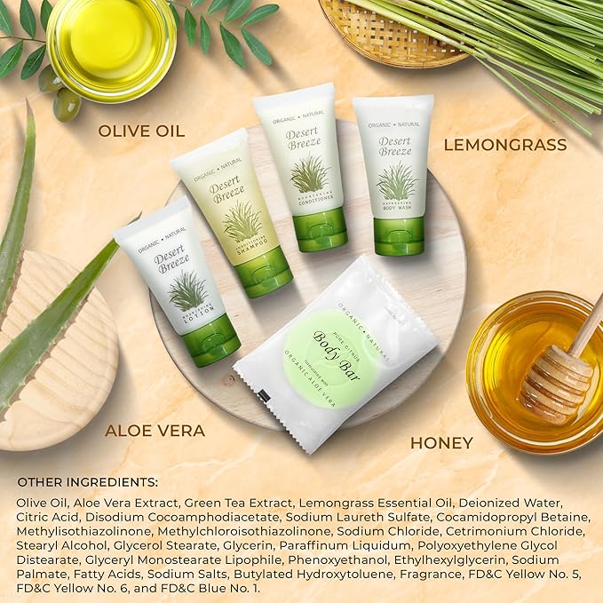 Terra Pure Desert Breeze Hotel Soaps & Toiletries Bulk Set | 1-Shoppe Amenities Kit | 1oz Shampoo & Conditioner, Body Wash, Lotion, Bar Soap | Travel Size | 75 Pieces