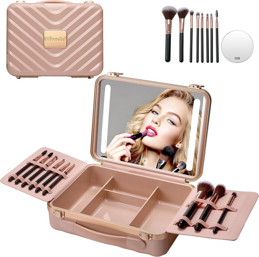 Mocado Travel Makeup Case with Lighted Mirror, 8 Makeup Brushes & 10x Magnifying Mirror, Adjustable Brightness Train Case (Pink)