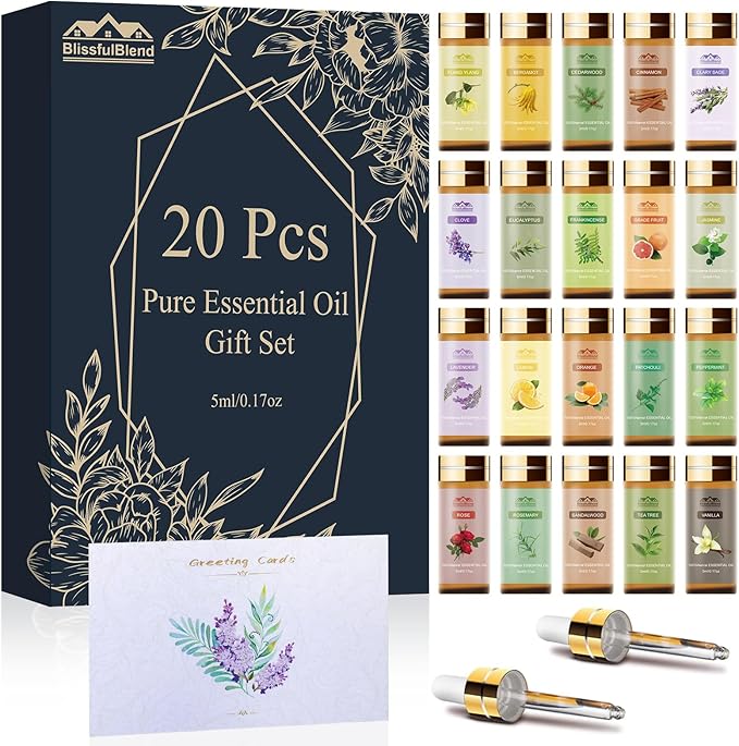 20 Pack Pure Essential Oil Set, Aromatherapy Oil for Diffuser, Candle Making, Home Apartment, Tea Tree, Lavender, Lemon, Peppermint, Eucalyptus, Cinnamon, Rose, Sandalwood, Patchouli 20 Flavors