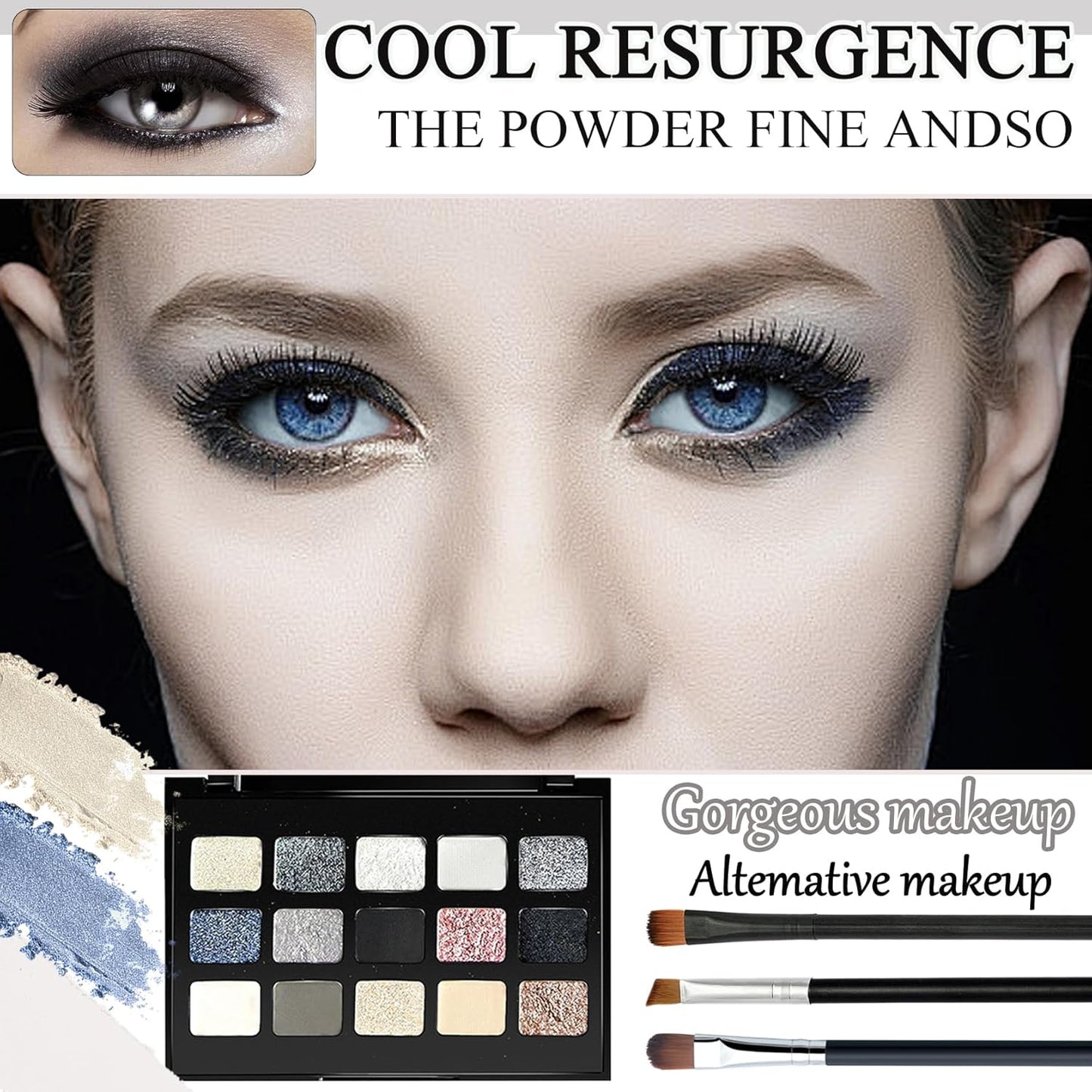 Black Grey Smoky Eyeshadow Palette,15 Colors Matte Shimmer Pigmented Eye Shadow Makeup Palette Set with 3 Eyeshadow Brushes,Glitter Eyeshadow Makeup Palette for Daily Halloween Goth Makeup(M)