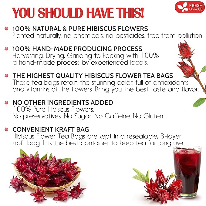 FreshDrinkUS, Premium 140 Hibiscus Flowers Tea Bags, 100% Natural, Handmade, Pure from Hibiscus Flowers. Loose Flower Hibiscus Herbal Tea. Hibiscus Flower Tea. No Sugar/Caffeine/Gluten, Vegan.