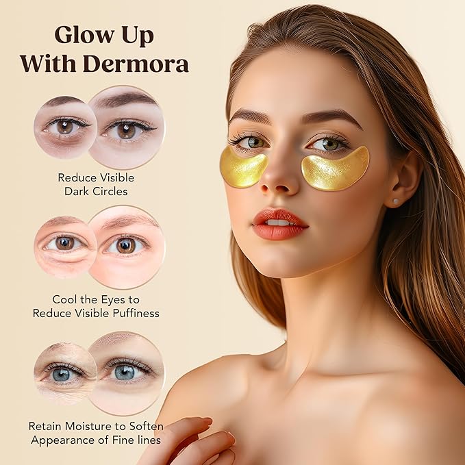 DERMORA Golden Glow Under Eye Patches (100 Pairs Eye Gels) - Rejuvenating Treatment for Dark Circles, Puffy Eyes, Refreshing, Revitalizing, Travel, Wrinkles