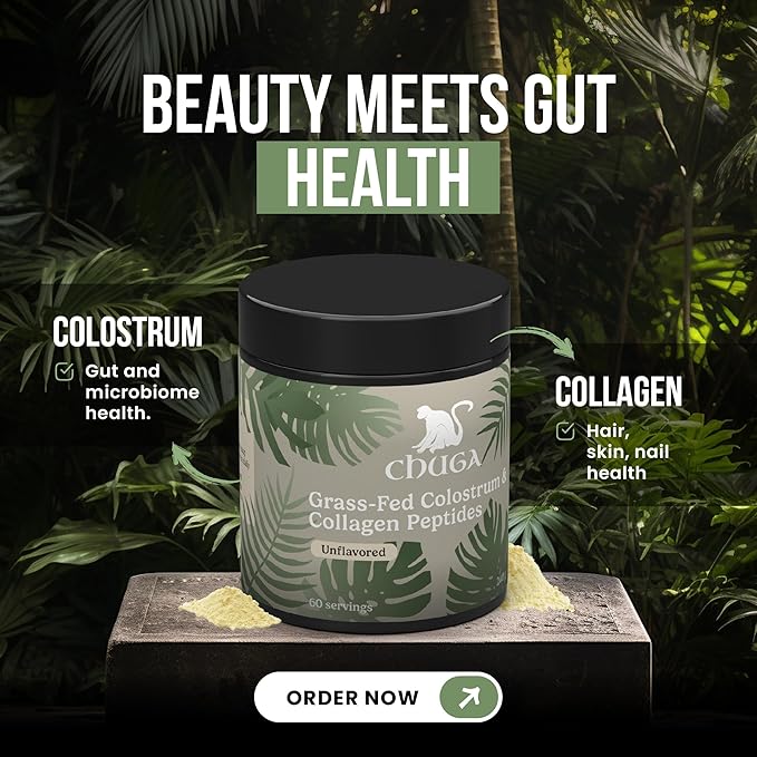 Chuga Grass Fed Colostrum & Collagen Peptides 60 Servings | Enhances Hair & Nails | Glowing Skin | Gut Wall Strengthening