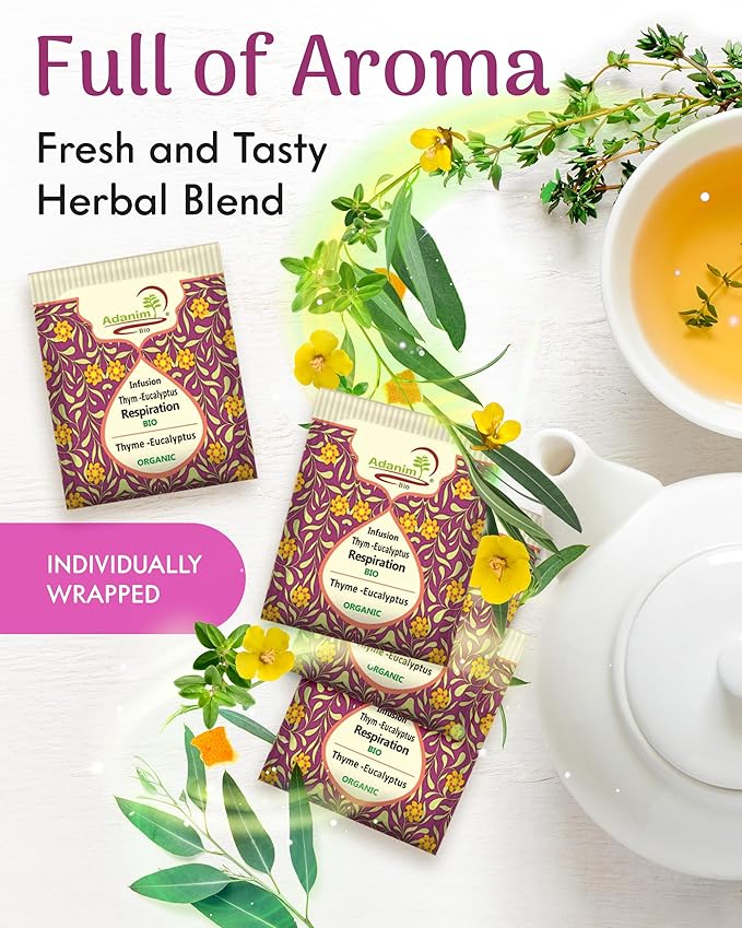 Adanim Bio Eucalyptus Mullein Tea Contains 20 Teabags of Organic Eucalyptus Leaves, Thyme, and Mullein, Providing Health Benefits to the Lungs