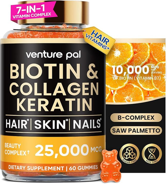 Venture Pal Biotin Gummies with Collagen & Keratin - Hair Growth Support Skin and Nail Strength Vitamins for Women & Men - Biotin 10000mcg | B-Complex | Saw Palmetto - Sugar Free, Non-GMO, 60ct