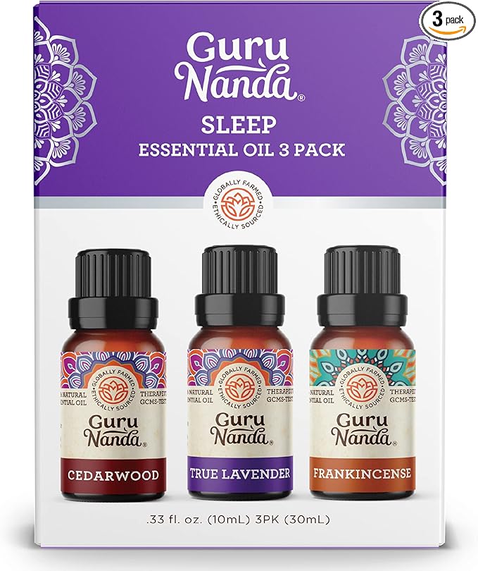 GuruNanda Sleep Essential Oil Set (Pack of 3 x 0.34 Fl Oz) - 100% Pure, Natural & Undiluted Cedarwood, Frankincense & Lavender Aromatherapy Oils for Diffuser - Perfect for Massages & DIY Recipes