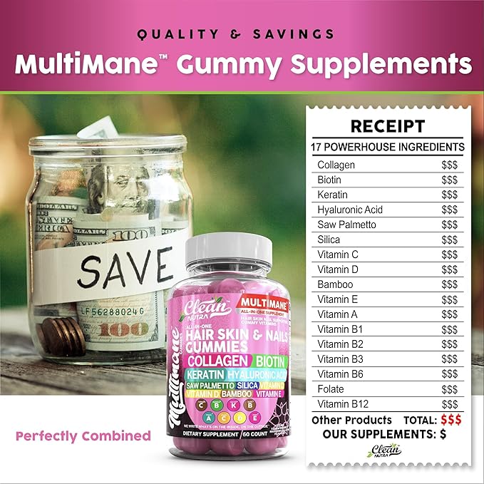 Multimane Collagen Gummies with Biotin Keratin Hyaluronic Acid Bamboo Vitamin A C Vitamin D Vitamin E Folate Saw Palmetto Silica B3 Vitamins Hair Skin and Nails Gummies by Clean Nutra