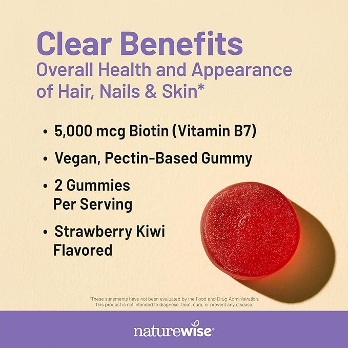 NatureWise Biotin Gummies - Supports Healthy Hair, Skin and Strong Nails - Vitamin B7 5000mcg - Natural Beauty - Strawberry-Kiwi Flavor - Vegan, Non-GMO, Gluten Free - 60 Count[30 Day Supply]